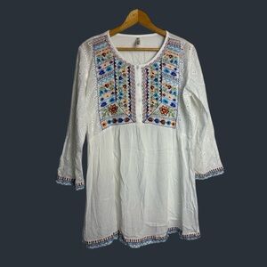 Shoreline Embroidered White Boho Top Blouse Long Sleeve Lightweight Size M